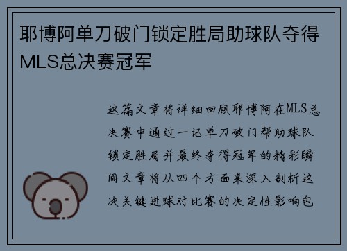 耶博阿单刀破门锁定胜局助球队夺得MLS总决赛冠军