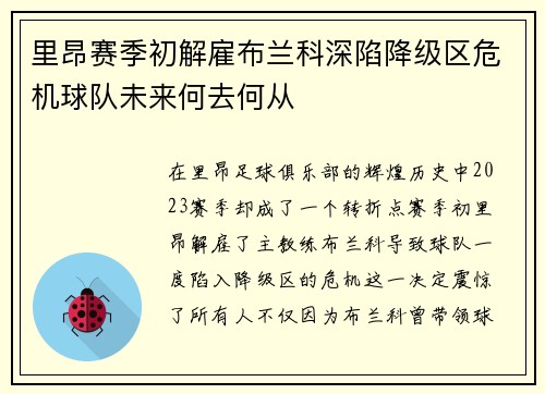 里昂赛季初解雇布兰科深陷降级区危机球队未来何去何从