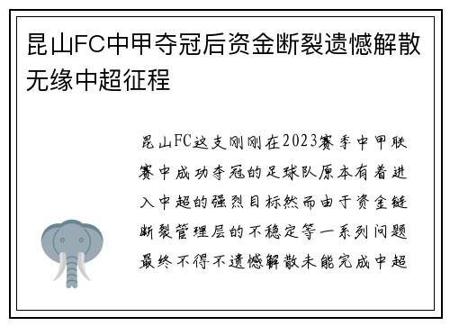 昆山FC中甲夺冠后资金断裂遗憾解散无缘中超征程